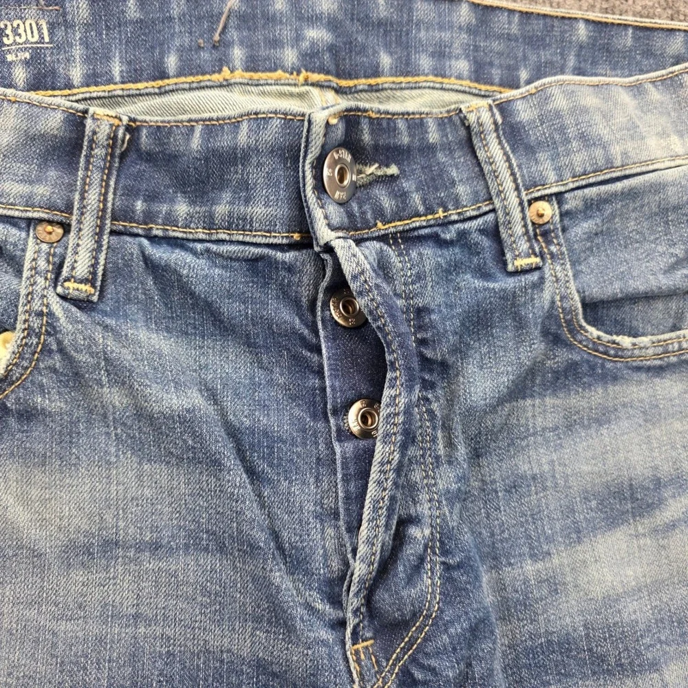 G-Star Raw Jeans Mens 33x33 Blue 3301 Slim Straight Distressed Button Fly Faded